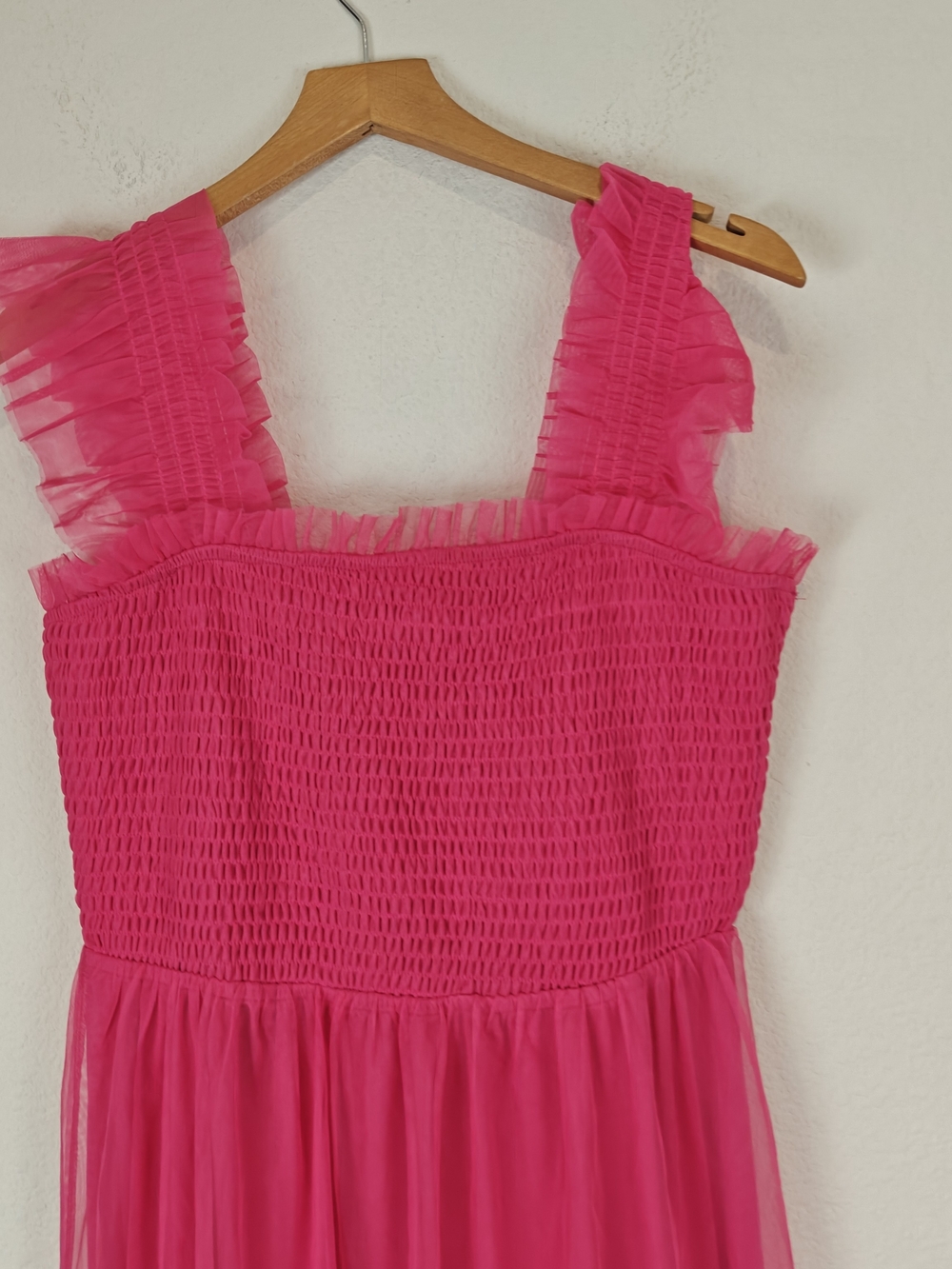 Baltic Born Hot Pink Smocked Tulle Midi Dress Romantic Formal Gown Sz LG - Picture 9 of 14